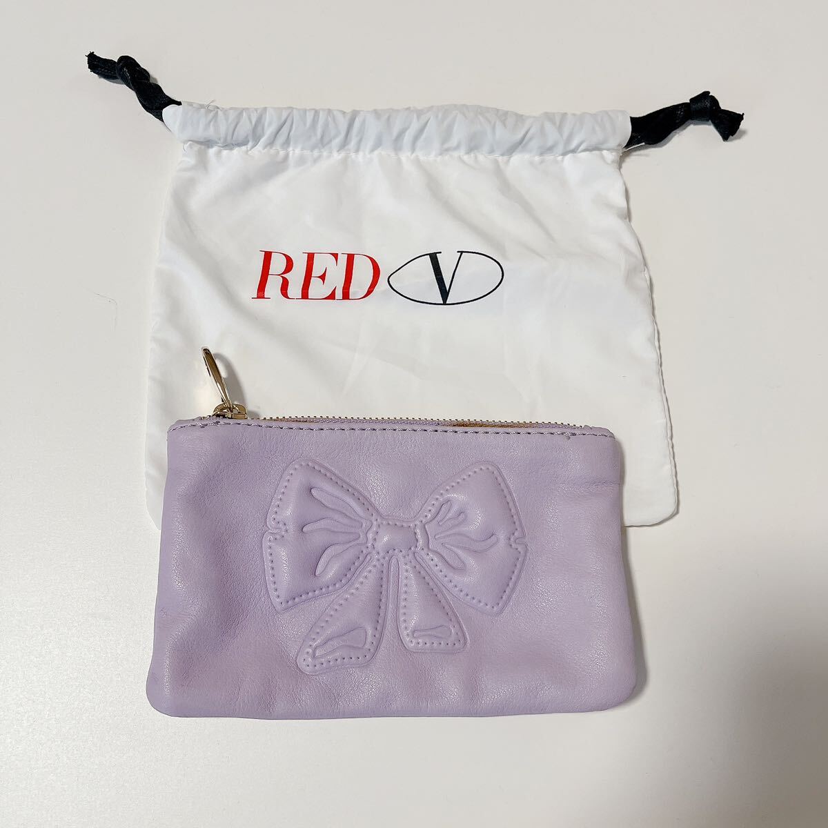 即決★美品 RED VALENTINO ポーチ レッドヴァレンティノ ラベンダーピンク レザー ゴールド金具 小銭入れ 保存袋付 リボン マルチケース_画像1