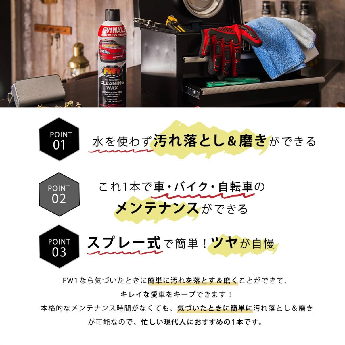 【新品・未使用】2本セット＋専用ウエス　水を使わず洗車 ＆ ワックス剤 FW1 （エフダブリューワン) 