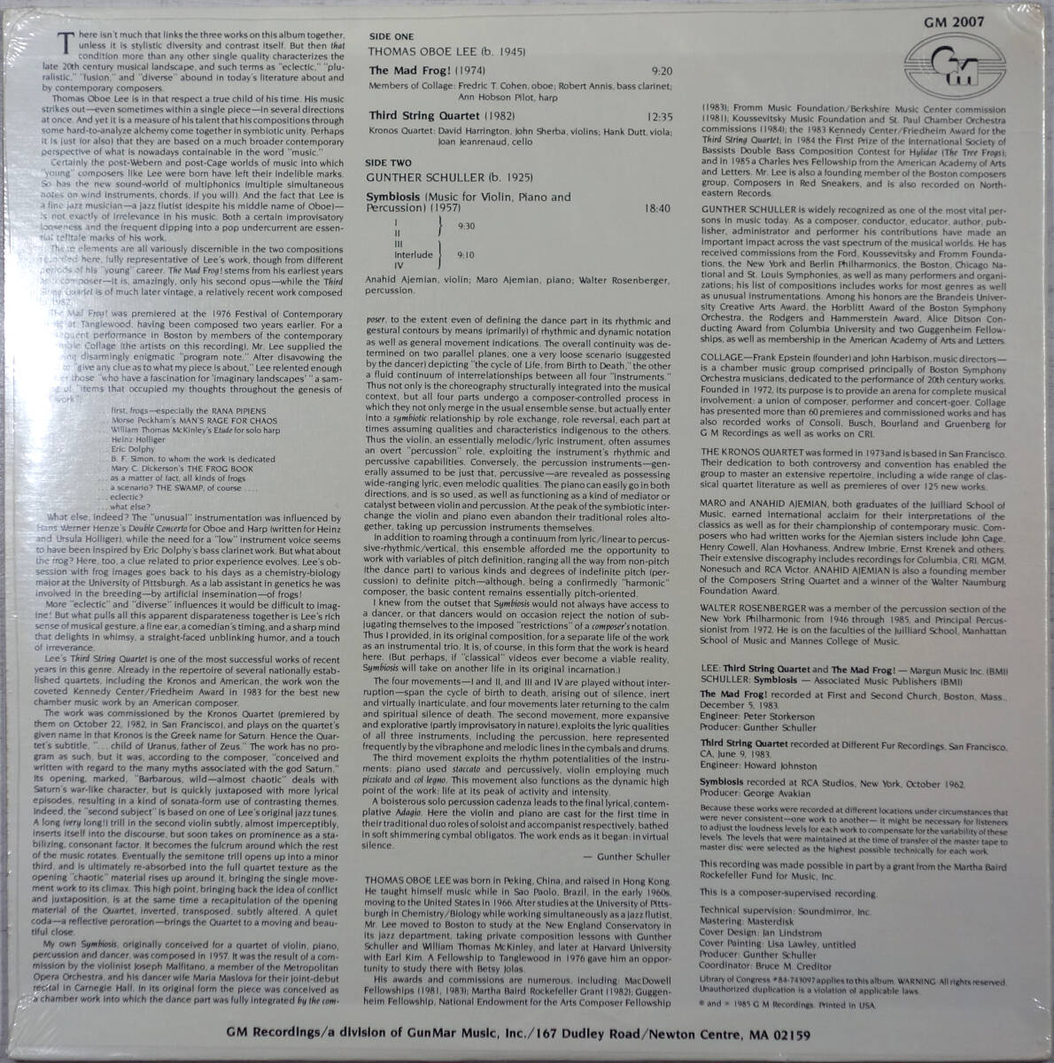 ◆THOMAS OBOE LEE/THE MAD FROG!/THIRD STRING QUARTET / GUNTHER SCHULLER/SYMBIOSIS (US LP/Sealed) -Kronos Quartet_画像2