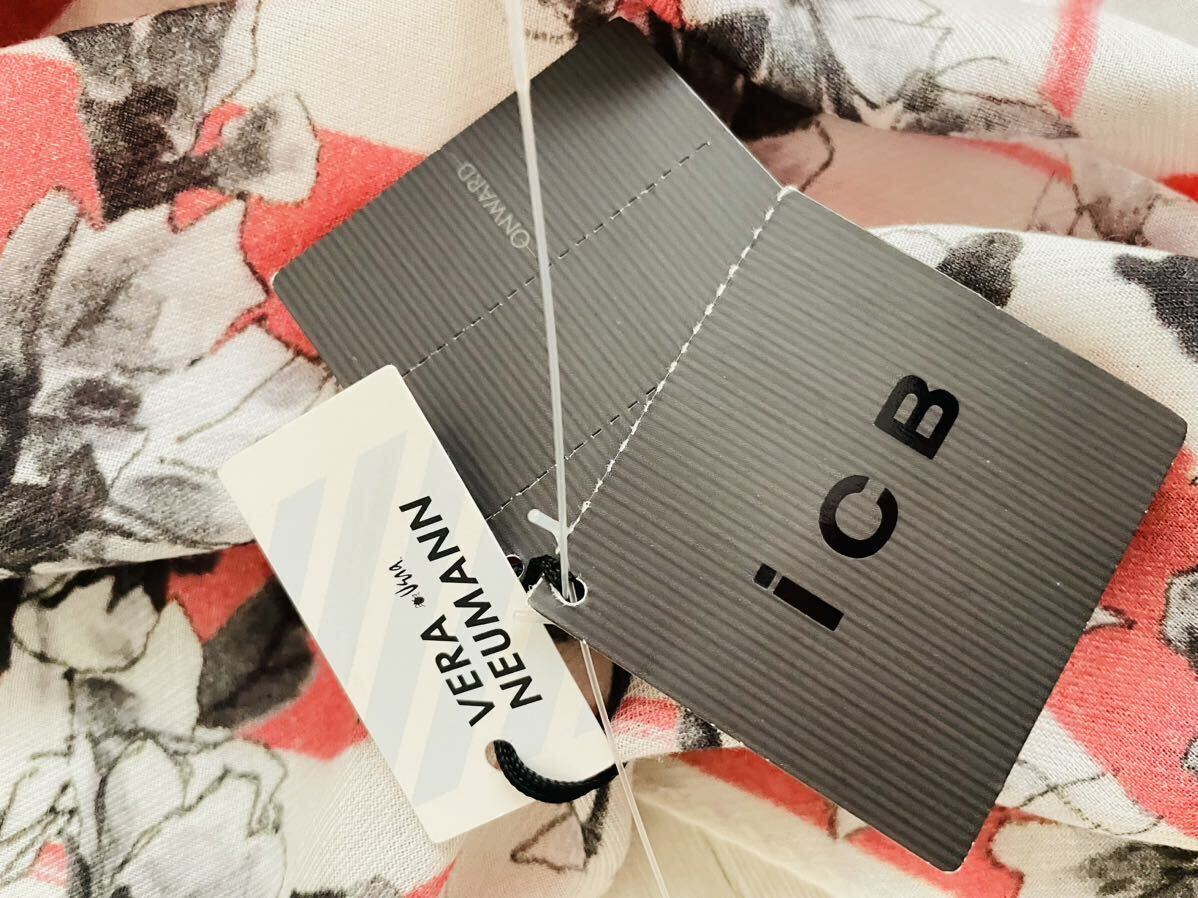 1.4万円iCB (アイシービー)ストライプボーダー超大判ストール新品タグ付き 花柄/ホワイト×ピンク/2way/パレオ/スカーフ/春夏_画像6