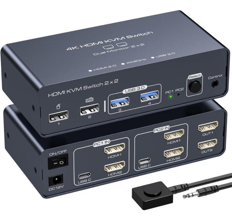 デュアル モニター HDMI KVM 切替器 SW620 4K 60Hz HDMI 2入力 2出力 同時出力 USB ハブ スイッチャー 2PC PS4 PS5 共有 USB 4出力 2USB3.0