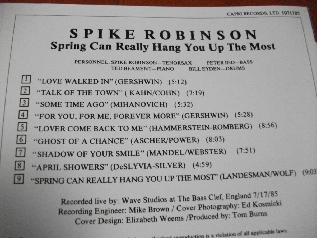 【CD】スパイク・ロビンソン Spike Robinson / Spring Can Really Hang You Up The Most ピーター・インド参加 (Capri 1985) 　_画像2