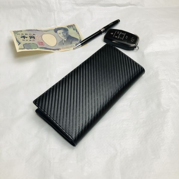 【田中革具】訳あり 黒×青　ハンドメイド カーボンレザー 二つ折り財布 ウォレット コインケース 牛革 レザー メンズ財布 長財布 ビジネス_画像3