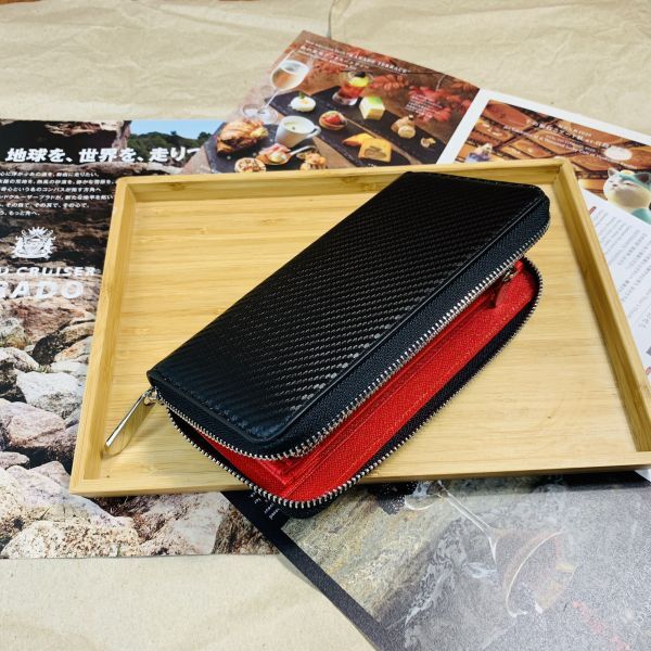 [ rice field middle leather .]* new goods hand made carbon leather long wallet purse round fastener long wallet cow leather original leather men's black red 