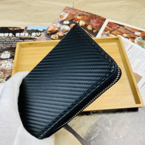 [ rice field middle leather .]* new goods hand made carbon leather long wallet purse round fastener long wallet cow leather original leather men's black red 