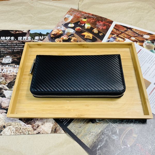 [ rice field middle leather .]* new goods hand made carbon leather long wallet purse round fastener long wallet cow leather original leather men's black red 