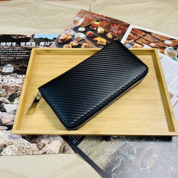 [ rice field middle leather .]* new goods hand made carbon leather long wallet purse round fastener long wallet cow leather original leather men's black red 