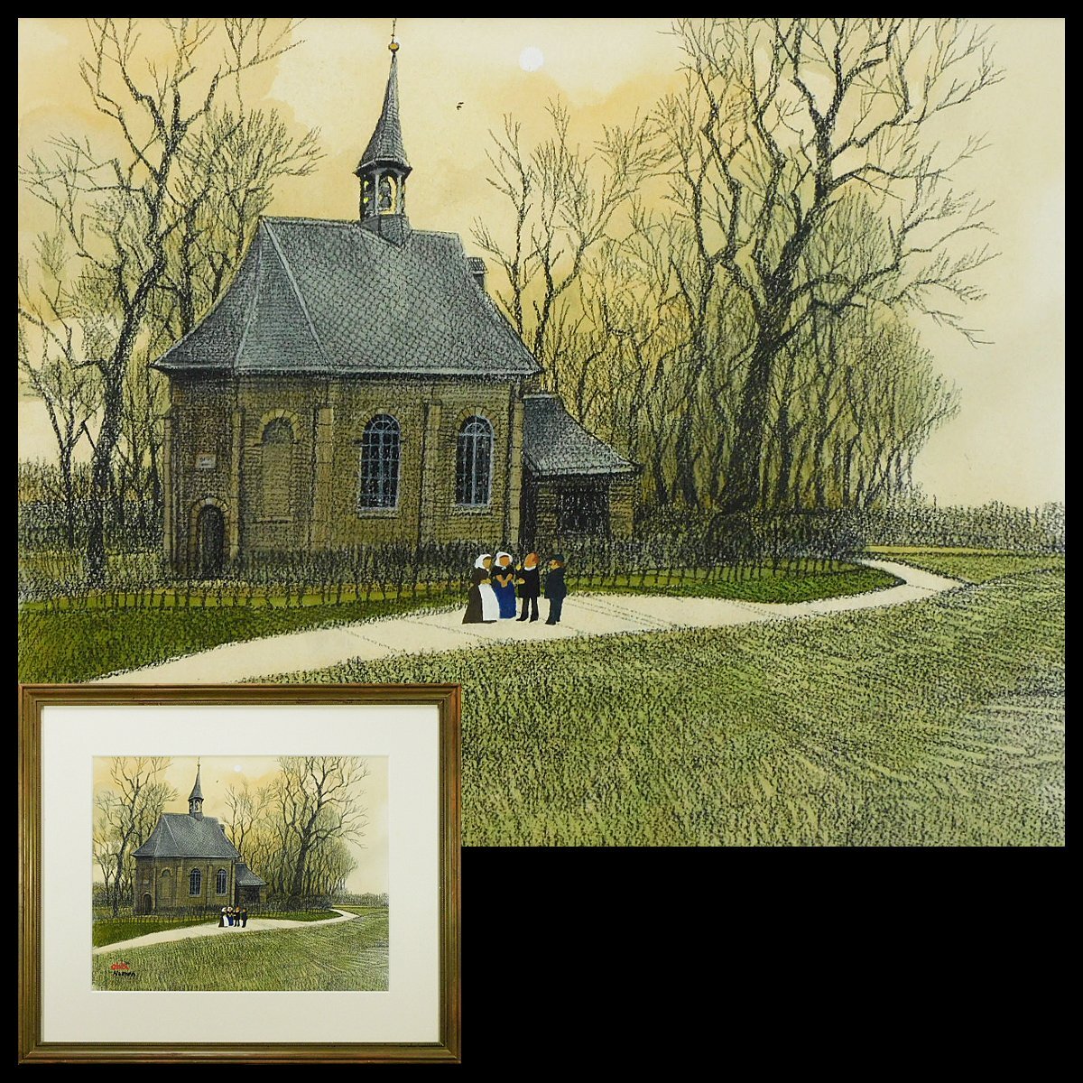 おおば比呂司 ヌーネン教会(ヌエネン ヌエン Nuenen)風景 水彩 鉛筆画 額装 1984年 オランダ風景 長期保管品n24042806の画像1