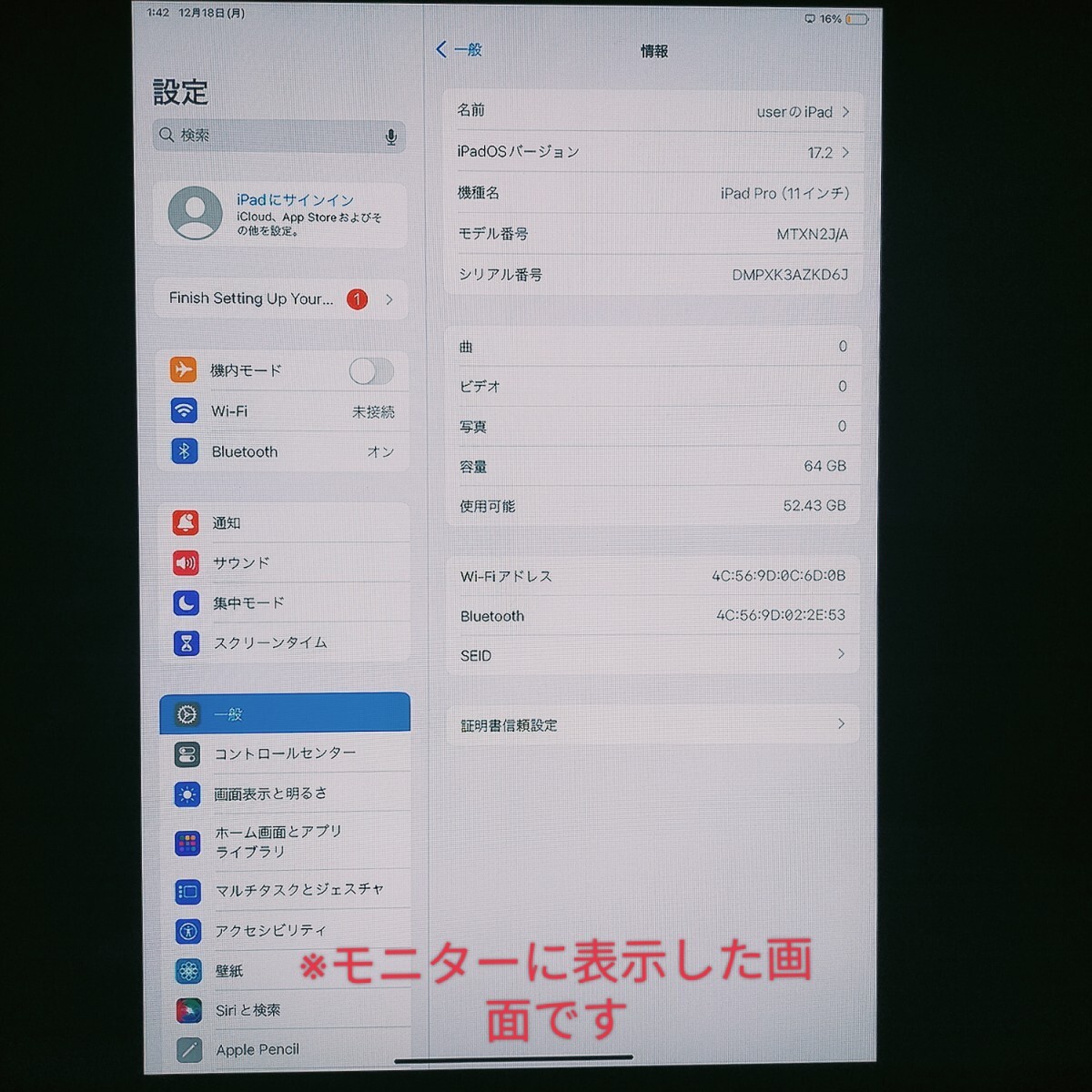 【ジャンク】Apple iPad Pro 11インチ 第1世代 Wi-Fi 64GB MTXN2J/A スペースグレイの画像4
