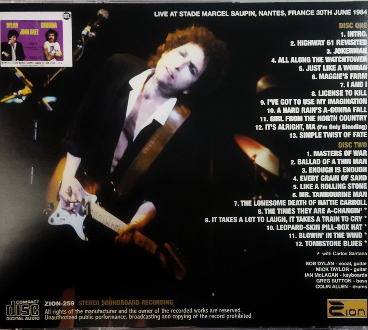 【送料ゼロ】Bob Dylan '84 Soundboard Live France ボブ・ディラン Mick Taylor Santanaの画像3