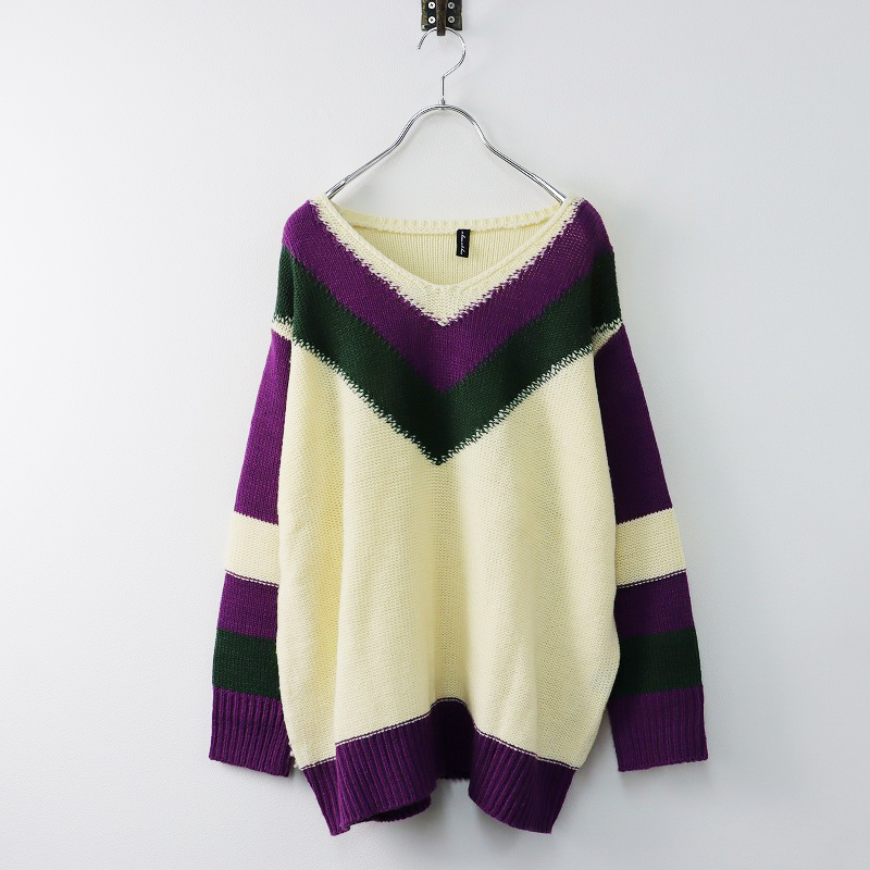  large size aznouazo Ora kaAS KNOW AS olaca color iroV neck knitted pull over */ ivory purple [2400013844352]