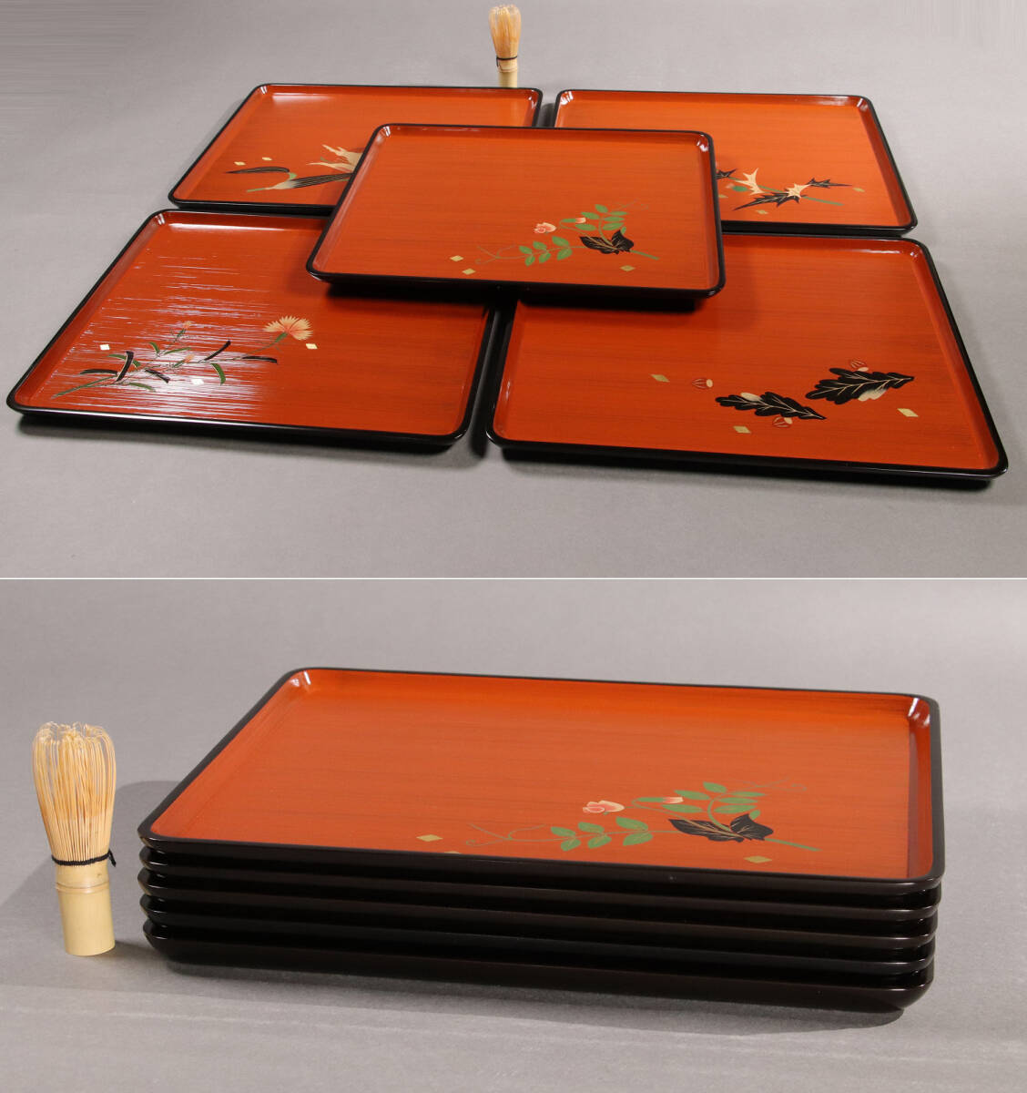 M649/ 輪島塗 漆芸沖与造(沖崎後兵衛商店) 草花絵変蒔絵 朱刷毛 M649/ 輪島塗 漆芸沖与造(沖崎後兵衛商店) 草花絵変蒔絵 朱刷毛