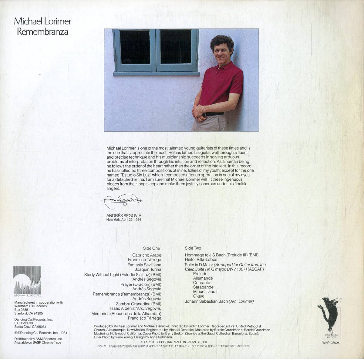 A00574437/LP/マイケル・ロリマー(MICHAEL LORIMER)「Remembranza (1984年・WHP-28025・WINDHAM HILL)」の画像2