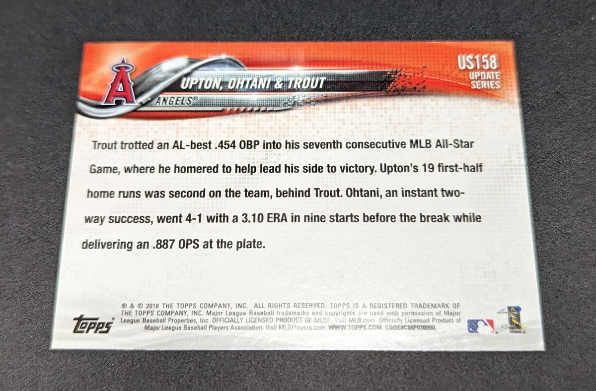 2018 TOPPS UPDATE SERIES #US158 UPTON,OHTANI&TROUT NEXT STOP ,STARDOM 大谷翔平（左上角に若干のダメージあり）_画像2