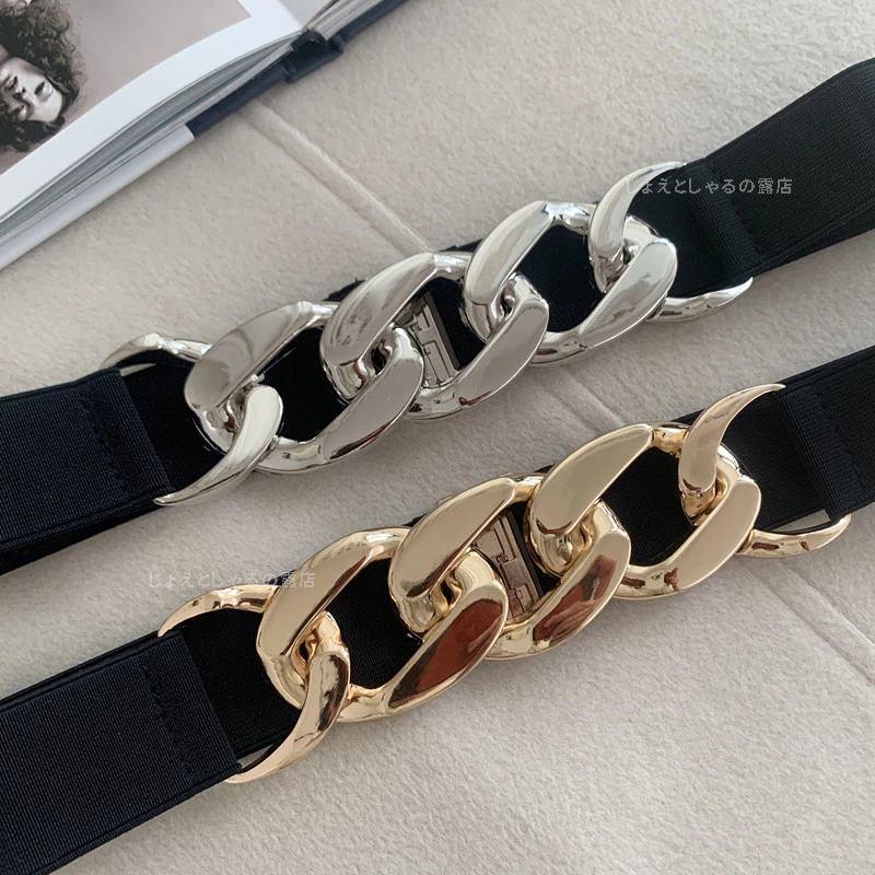 [ silver ] lady's belt rubber chain belt waist Mark pu silver color metal fittings 