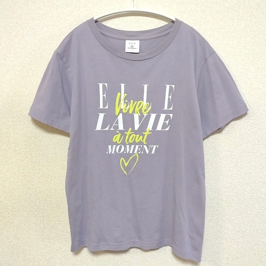 【美品】ELLE エル × GU ジーユー ロゴ 半袖 Tシャツ L むらさき トップス レディース_画像2