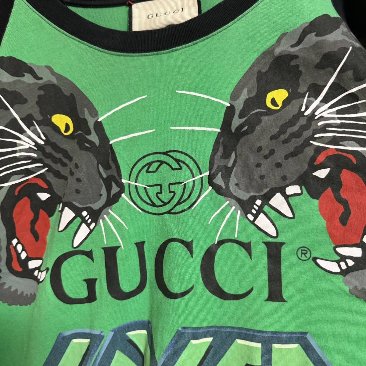 希少★ GUCCI グッチ Tシャツ ダブルタイガー ロゴ 半袖Tシャツ メンズ グリーン