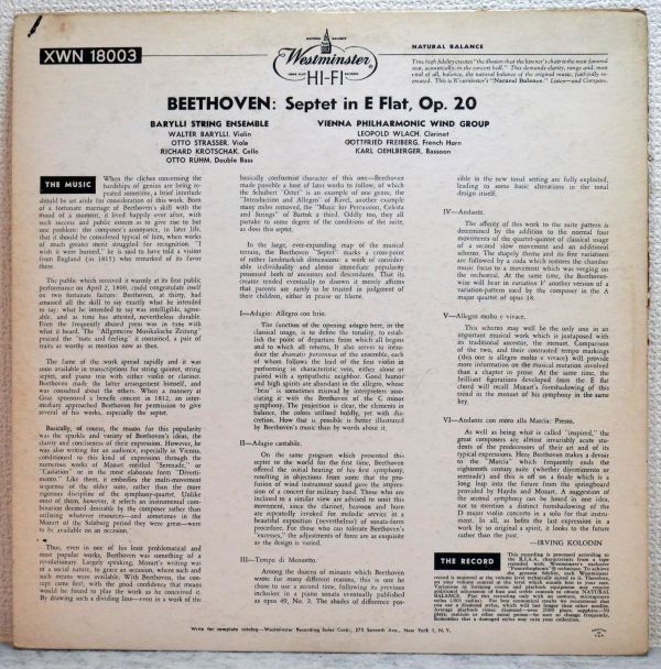 ベートーヴェン 七重奏曲 Op.20 バリリ 米WESTMINSTER 紺の画像2