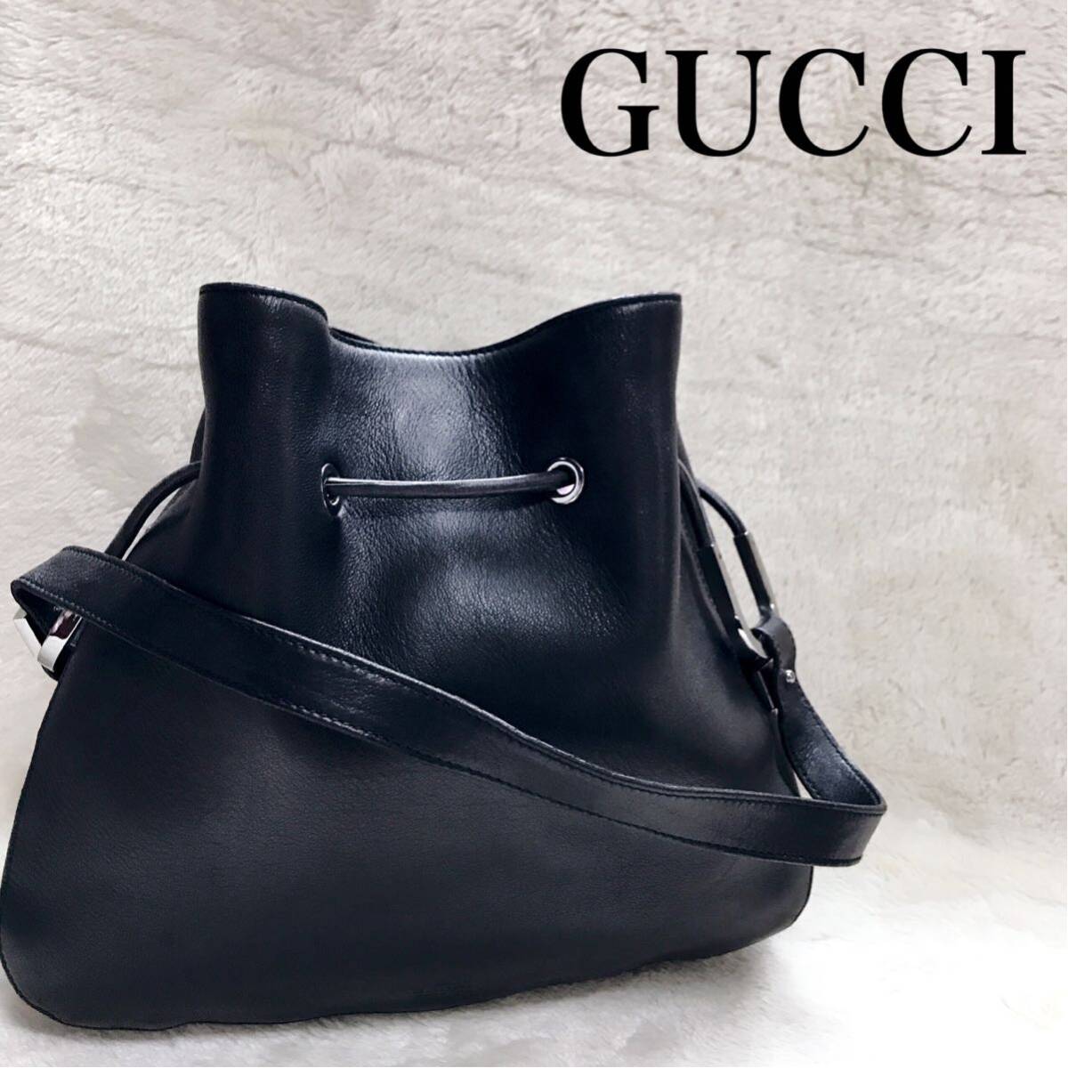 極美品 GUCCI グッチ オールレザー ショルダーバッグ ロゴ ブラック 黒 タッセル 巾着_画像1