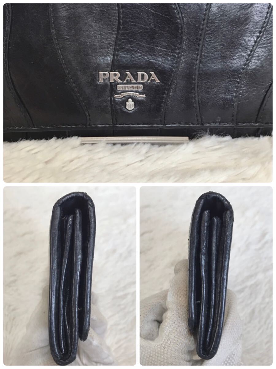 PRADA プラダ オールレザー ステッチ 長財布 ロゴ 折り財布 ブラック 黒 PRADA プラダ オールレザー ステッチ 長財布 ロゴ 折り財布 ブラック 黒