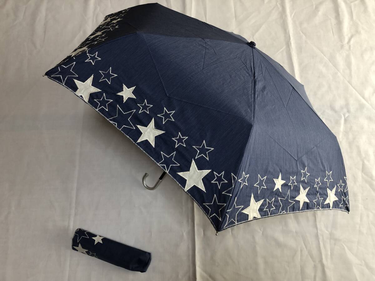 晴雨兼用傘 日傘 折りたたみ傘 カットワークスター ネイビー 新品の画像1