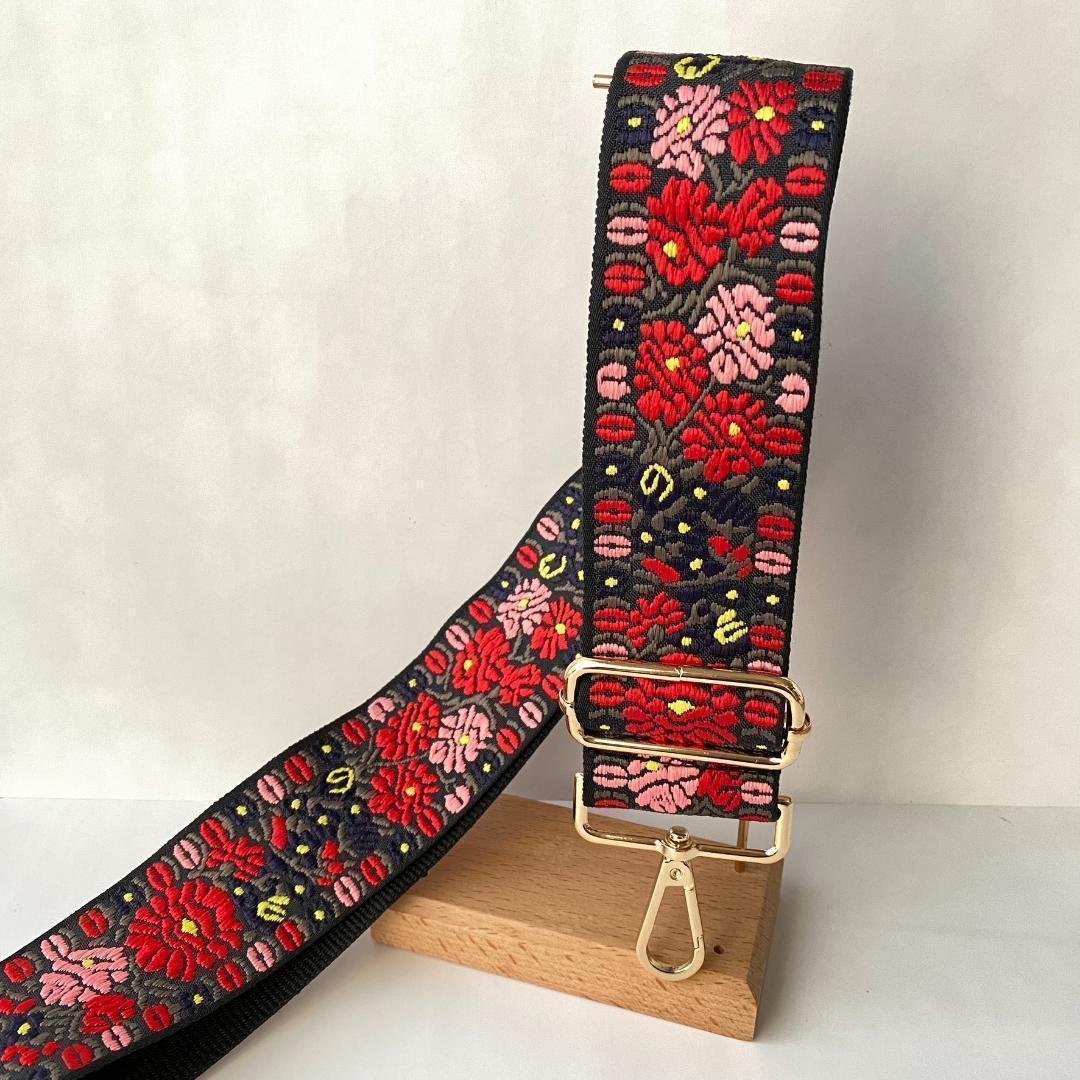 ショルダーストラップ 単品 花柄刺繍（赤×桃/黒地）太め ショルダーベルト 付け替え エスニック アジアン 植物柄 派手 5cm幅広 おしゃれ_画像3