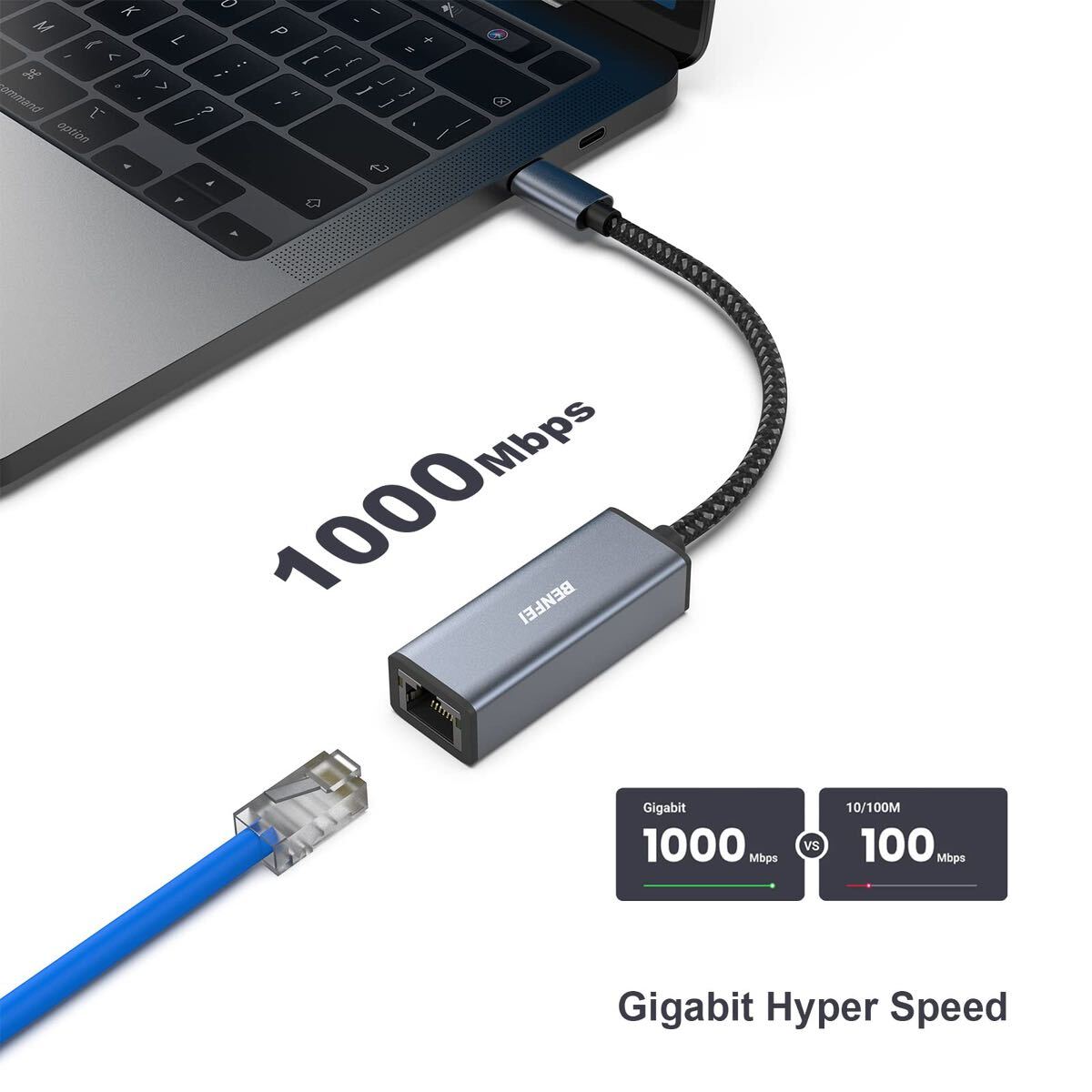 BENFEI 有線LANアダプタ USB-C - イーサネットアダプター、USB Type-C (Thunderbolt 3/4) - 10/100/1000Mbps 高速 RJ45の画像2