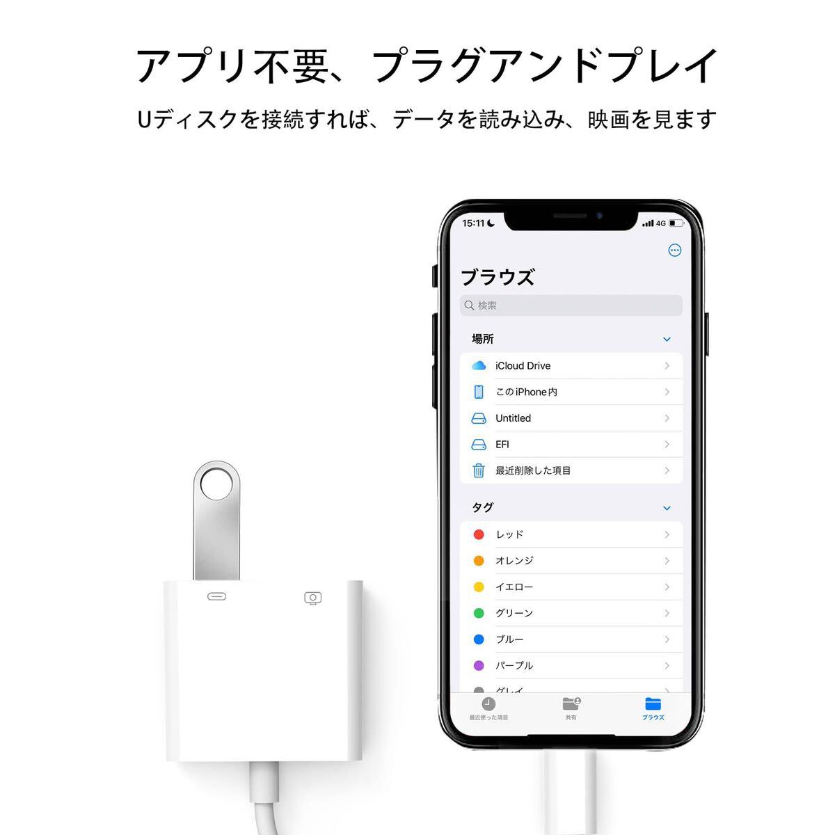 USBカメラアダプタ 2in1 iPhone USB 変換アダプタ 高速伝送 双方向 データ/写真/音声ファイルの画像2