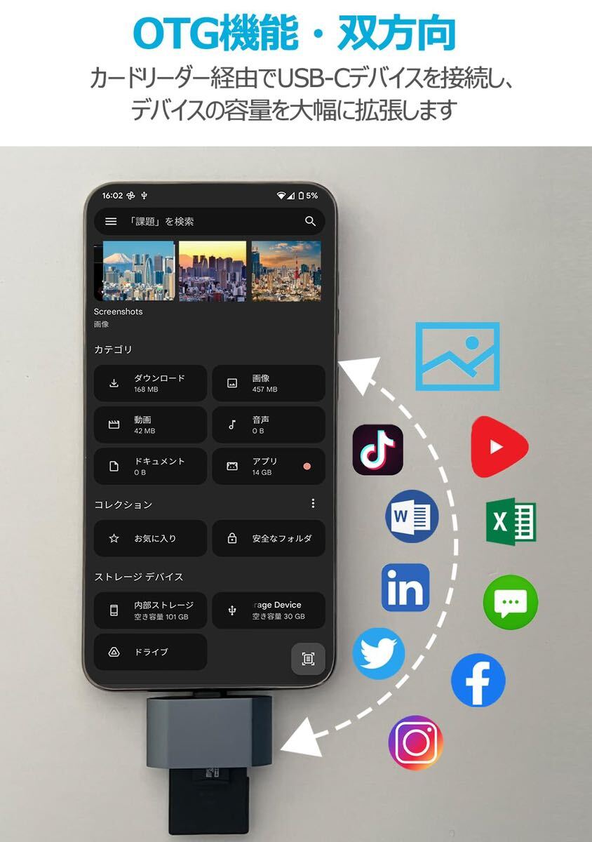 USB-C sdカードリーダー 2-in-1 Type-C カードリーダー SD/TF(Micro SD)カード 対応OTG SD/TF同時読み書きの画像4