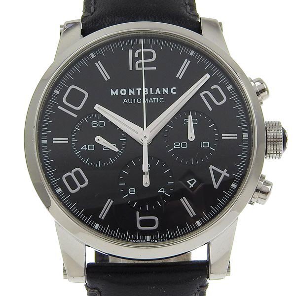 1円 訳あり 稼働 モンブラン MONTBLANC 7141 自動巻き クロノ 裏スケ 黒文字盤 SS×レザー メンズ 腕時計の画像1