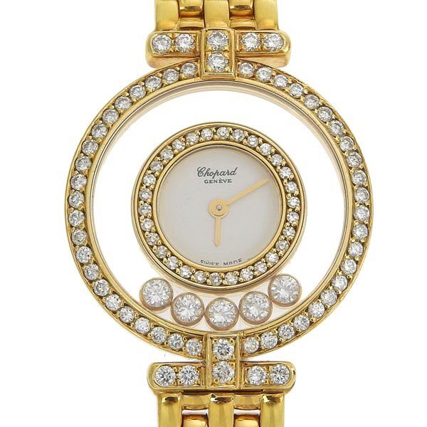 【楽天スーパーセール】 クオーツ 4097/1 CHOPARD ショパール ジャンク 不動 1円 ハッピーダイヤモンド 51.7g 腕時計 レディース K18YG×K18YG 白文字盤 ショパール