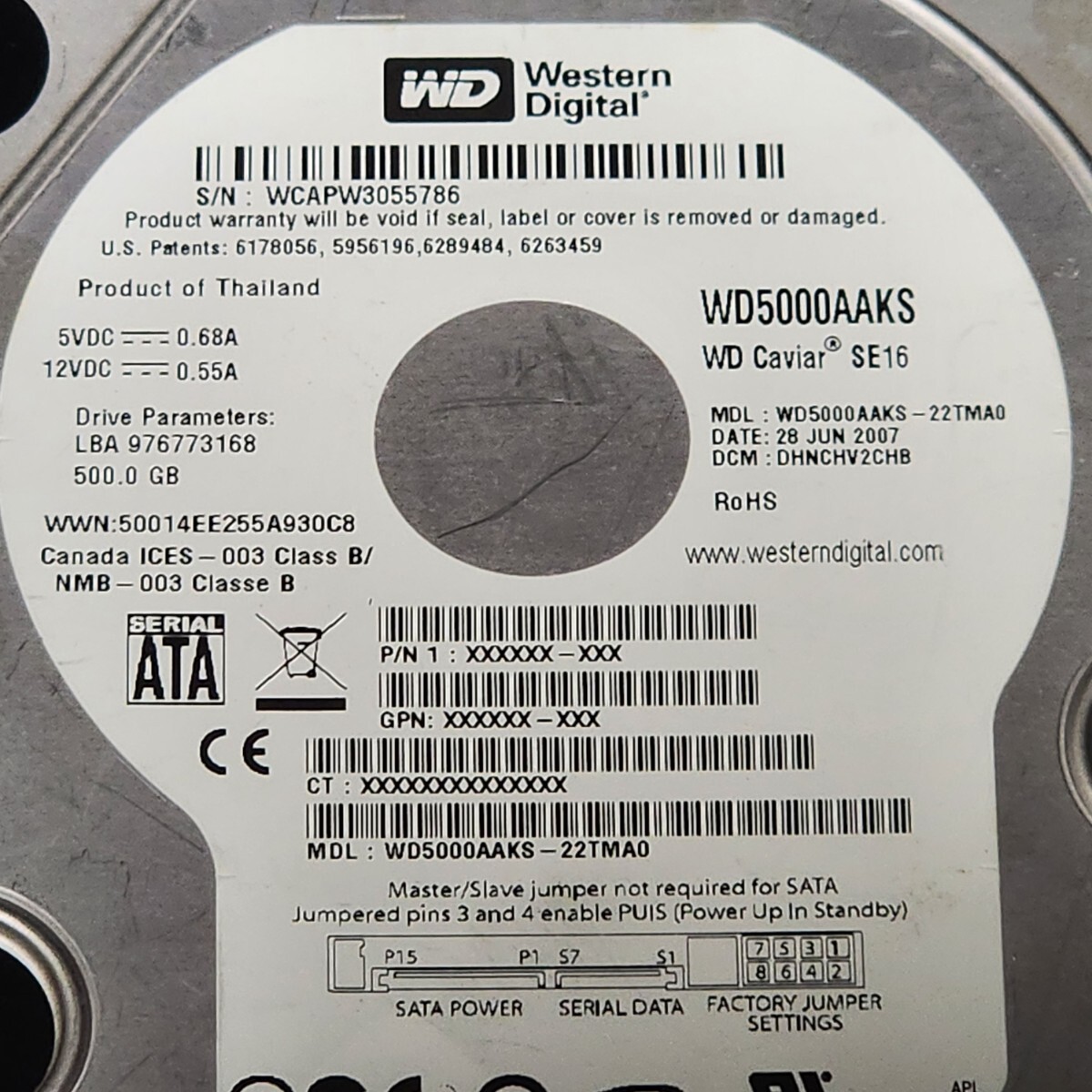 【送料無料】WesternDigtal WD Caviar SE16 WD5000AAKS-22TMA0 500GB 3.5インチ内蔵HDD 2007年製 フォーマット済み 正常品 動作確認済