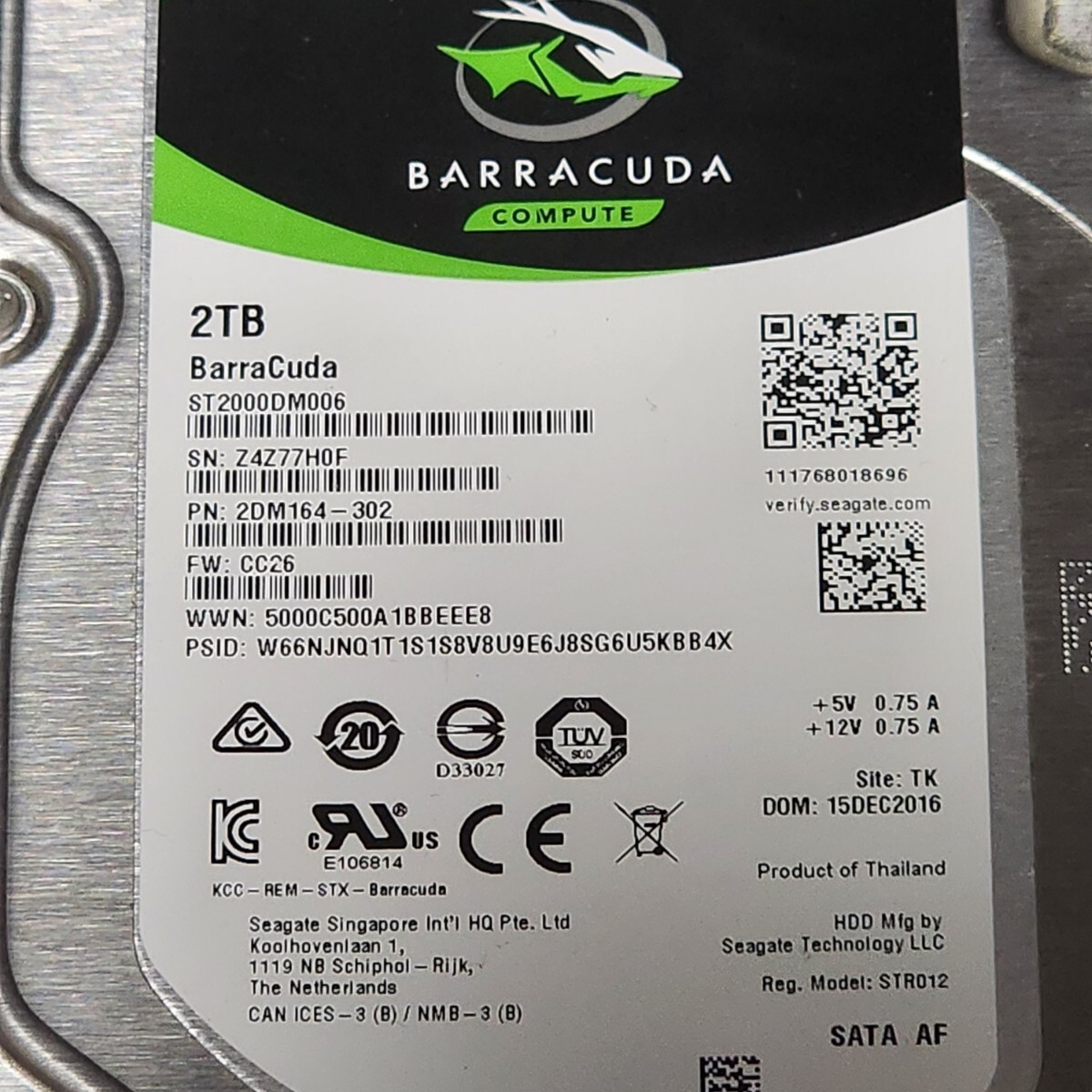 【送料無料】SEAGATE BARRACUDA ST2000DM006-2DM164 2TB 3.5インチ内蔵HDD 2016年製 フォーマット済み 正常品 PCパーツ 動作確認済の画像2