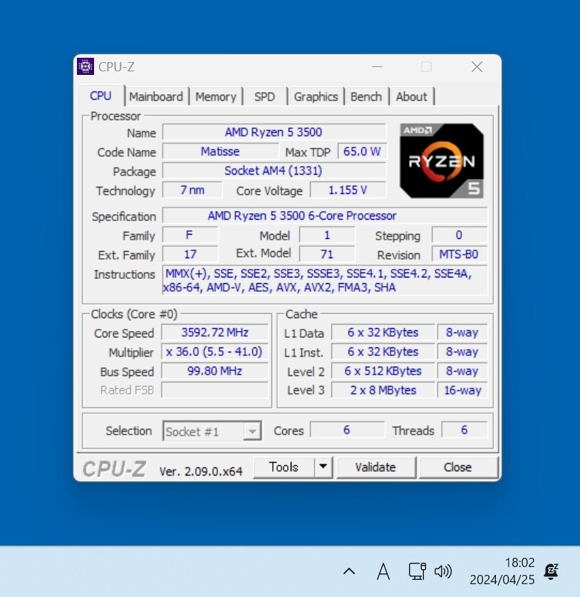 CPU AMD RYZEN5 3500 3.6GHz 6コア6スレッド Socket AM4 PCパーツ 動作確認済みの画像3