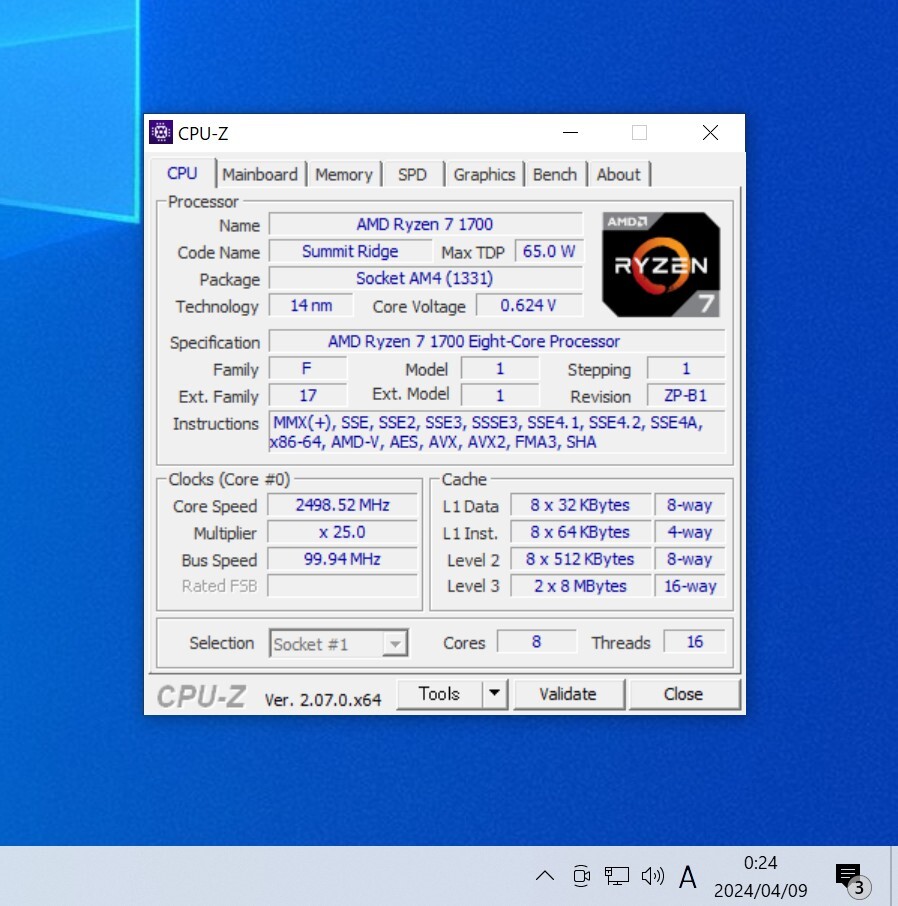 CPU AMD RYZEN7 1700 3.0GHz 8コア16スレッド Socket AM4 PCパーツ 動作確認済みの画像3
