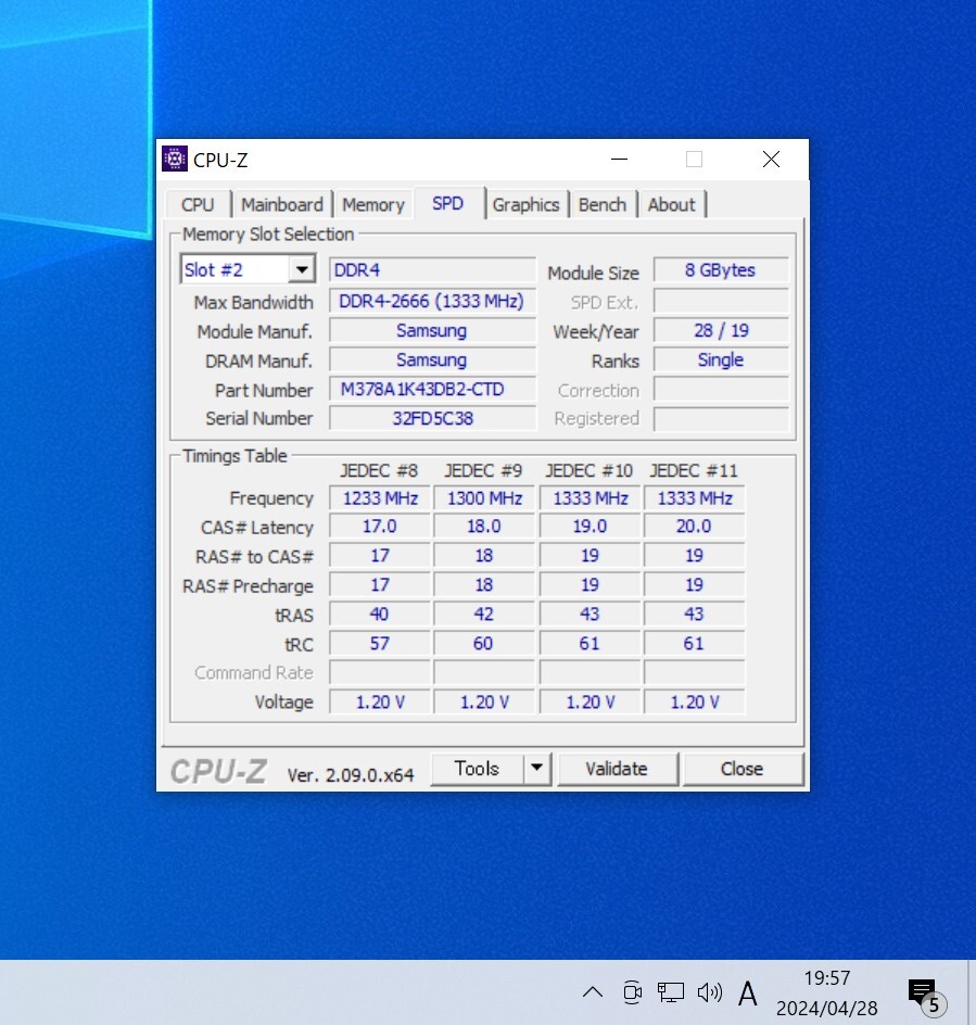 SAMSUNG DDR4-2666MHz 16GB (8GB×2枚キット) M378A1K43DB2-CTD 動作確認済み デスクトップ用 PCメモリ _画像5
