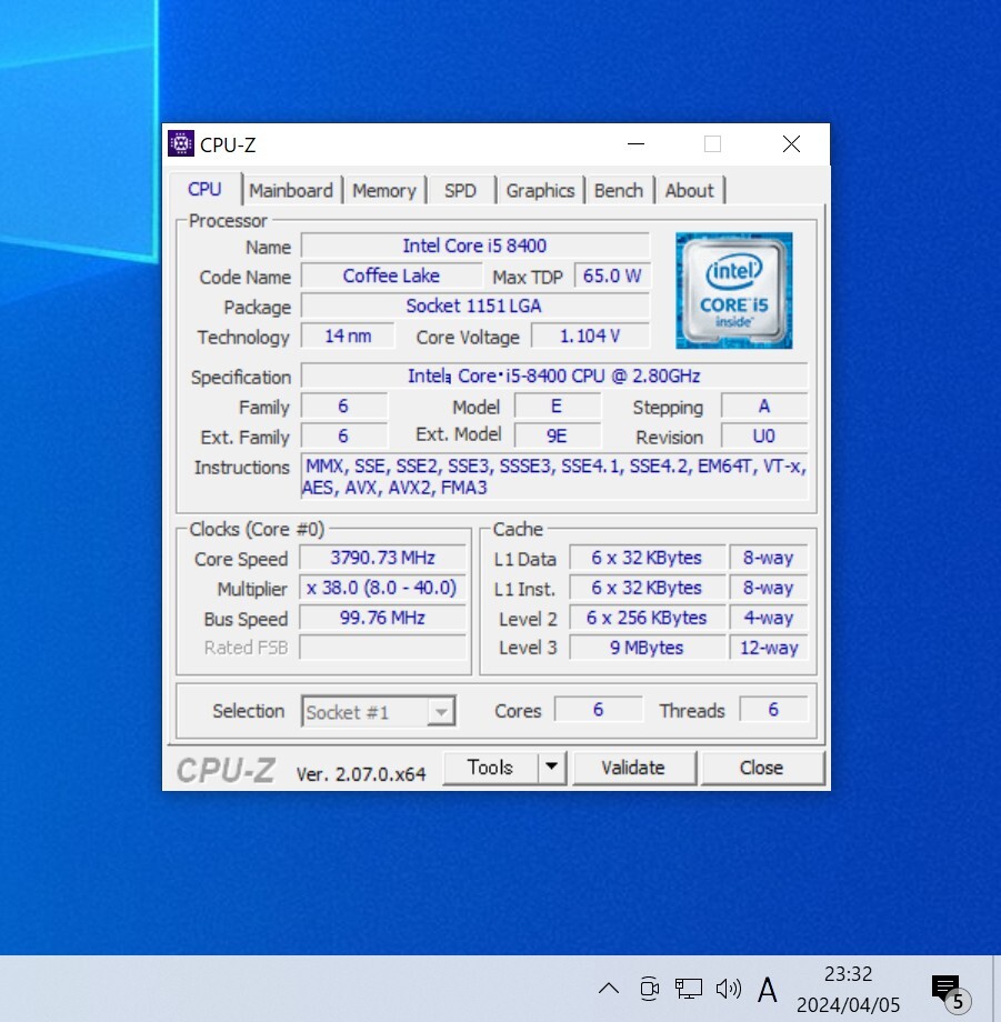 CPU Intel Core i5 8400 2.8GHz 6コア6スレッド CoffeeLake PCパーツ インテル 動作確認済み