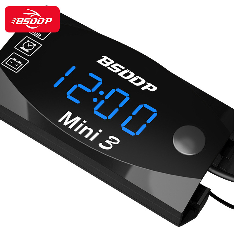 バイク用 3in1デジタル電圧計 ブルー 日本語マニュアル付 温度計 時計の画像1