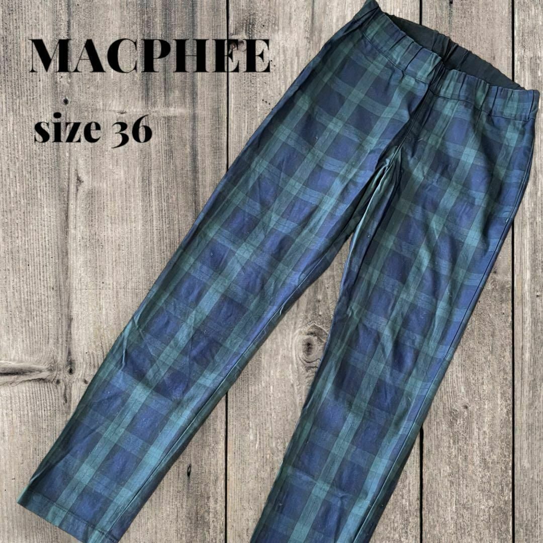 MACPHEE マカフィー スリム パンツ チェック 紺×緑 ウエストゴム 36_画像1