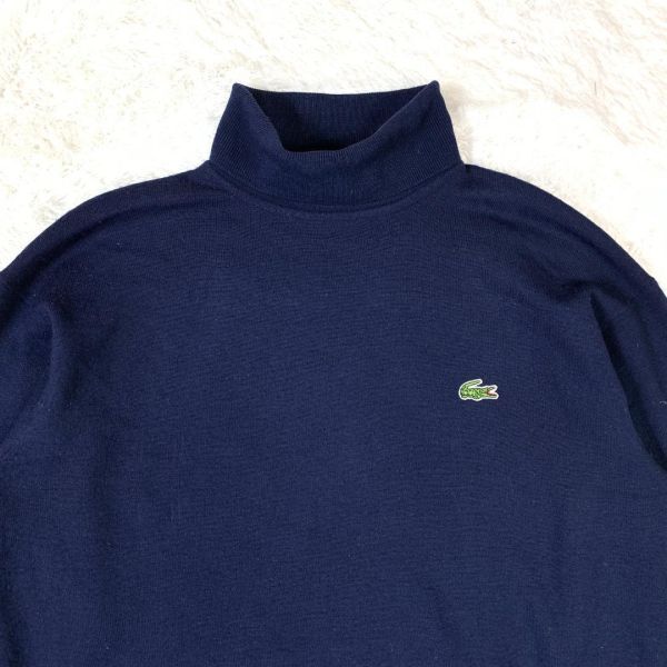 90s LACOSTE ラコステ タートルネックニット タートルネックセーター ワンポイント刺 紺色 ウール100％ ネイビー 4 B5711_画像2