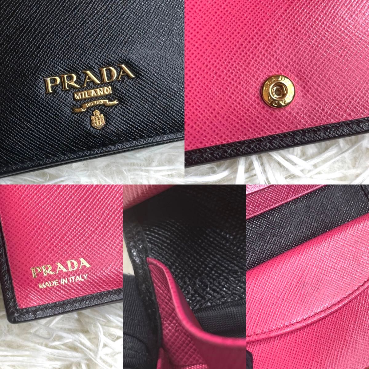 美品 / PRADA プラダ サフィアーノマルチカラーバイフォールドウォレット 二つ折り財布 ブラック ピンク 1MV204