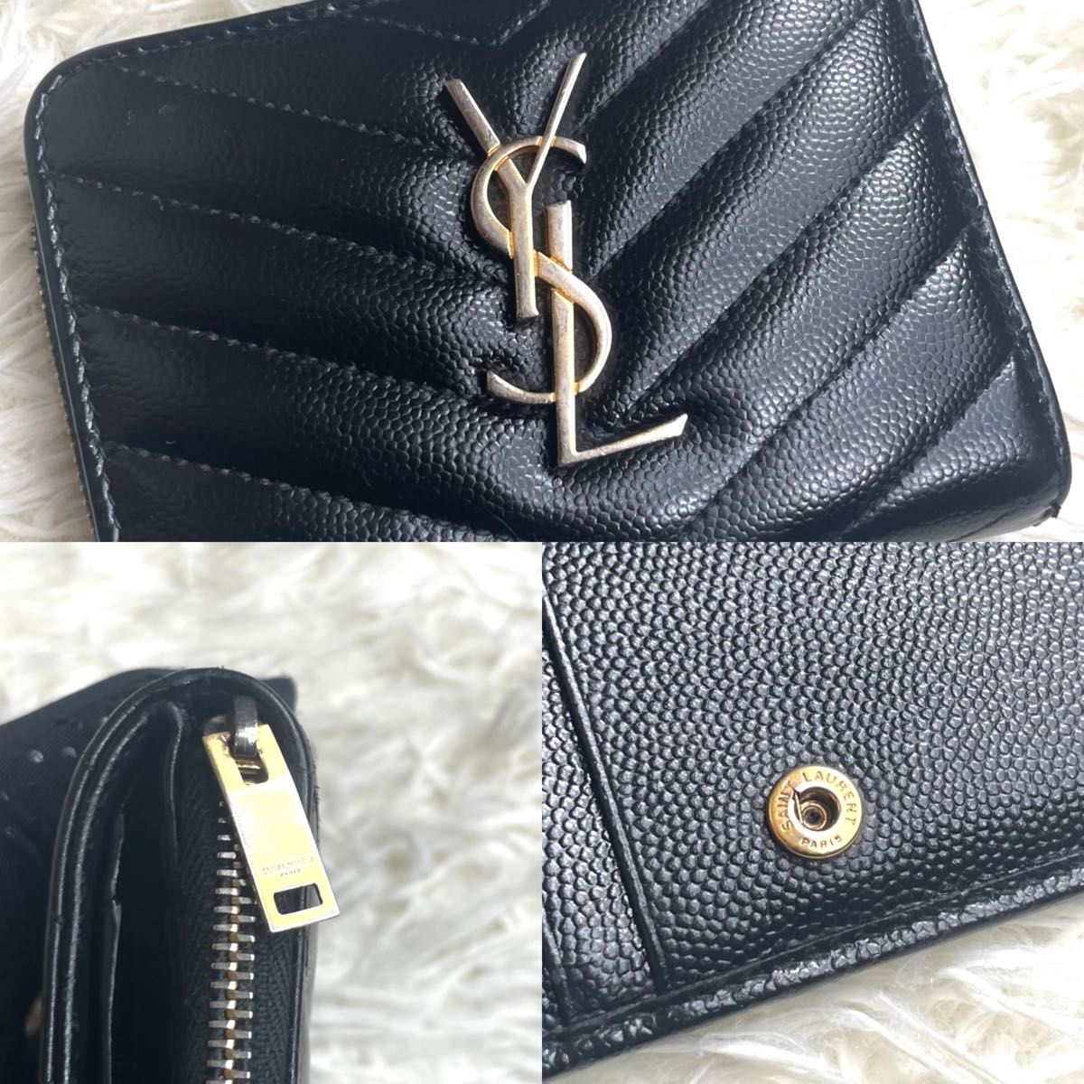 YSL サンローラン カサンドラマトラッセコンパクトウォレット 二つ折り財布 キャビアスキン Vステッチ ブラック 403723