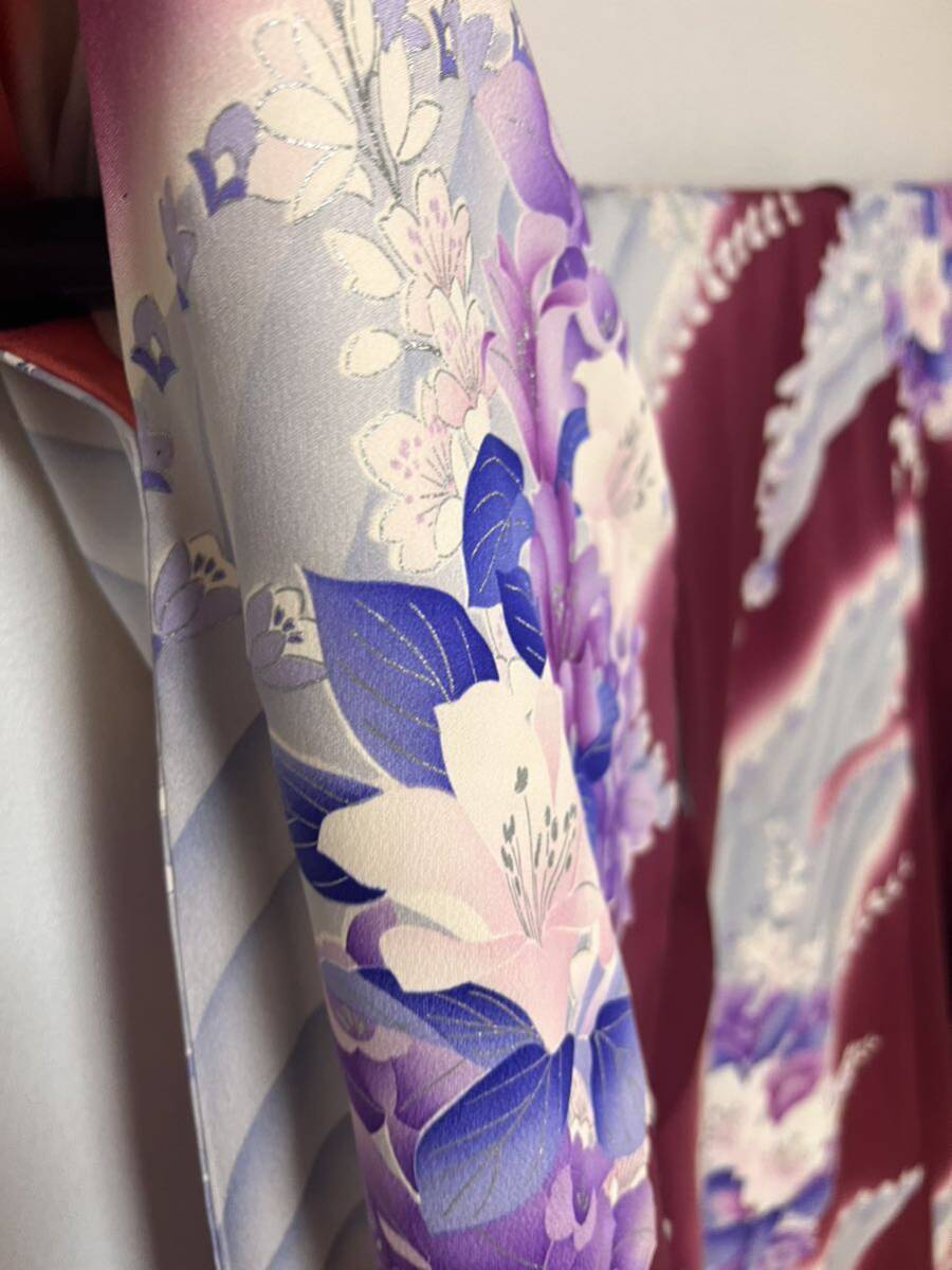 振袖 赤紫 洋華 蝶 絹100% 着物 晴着 和装 祝 礼装の画像7