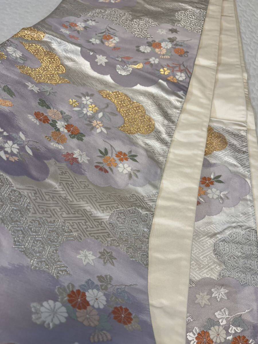 袋帯 帯 銀 紫 花草 金糸 織物 絹100% 伝統品 呉服_画像9