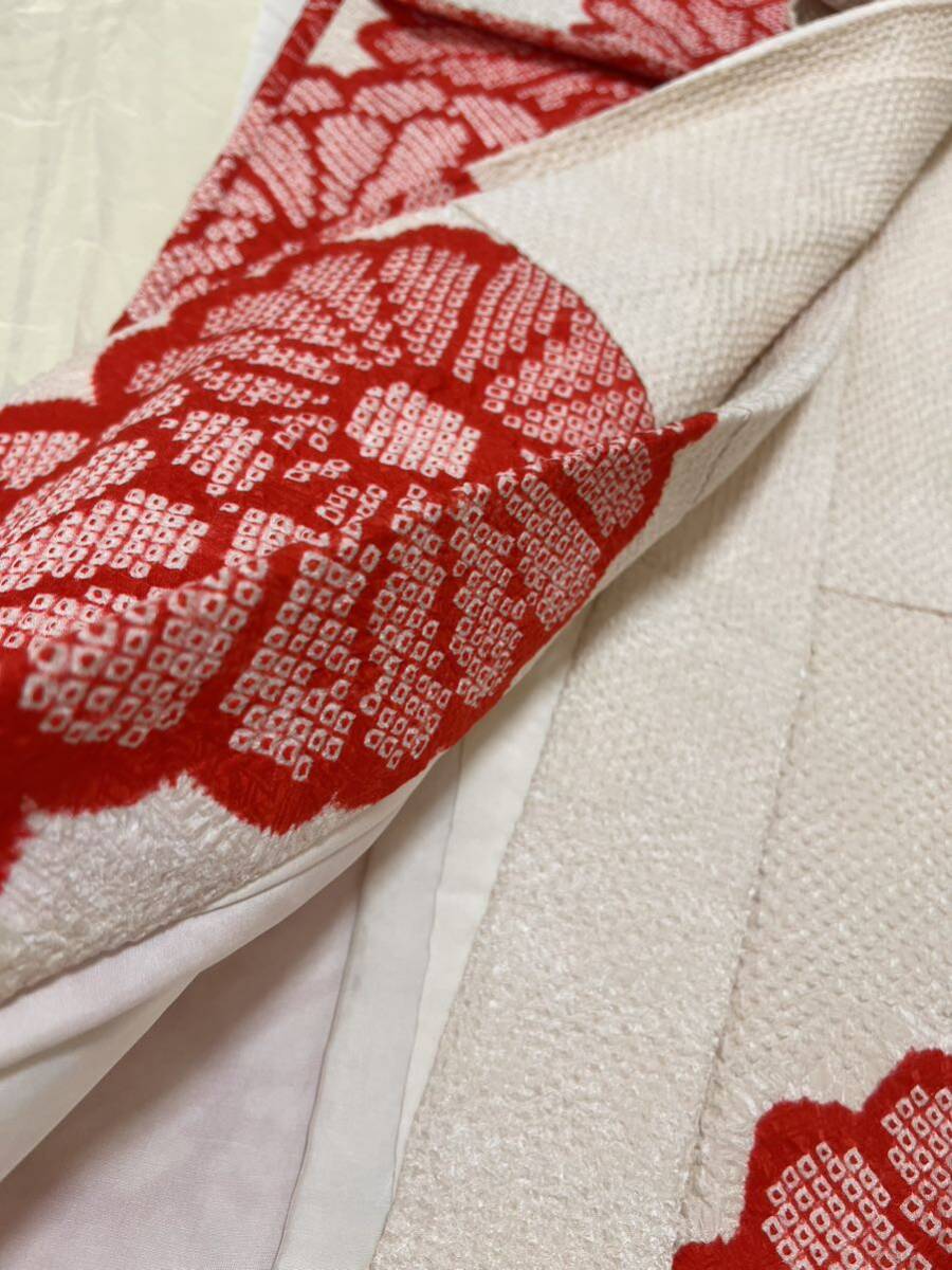 逸品 振袖 総絞り 菊紋 赤 白 着物 晴着 正絹 呉服 祝着の画像4