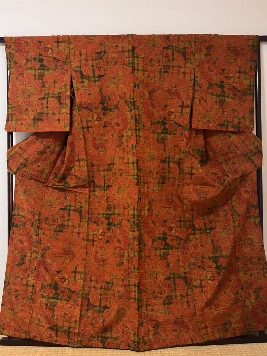 小紋 紬 単衣 しょうざん 草雅 秋色 橙色系 きもの 和装 総柄 和装_画像5