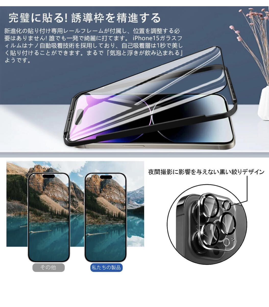 iPhone 15 Pro Max 専用 強化ガラスフィルム(2枚/黒縁) +カメラフィルム2枚 日本旭硝子製 iPhoneフィルム 強化ガラス 全面保護_画像3