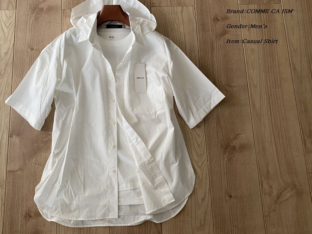新品 COMME CA ISM MEN コムサイズム コットン100% 半袖フードシャツ 01ホワイト Fサイズ 33IT23 定価6,900円_画像1