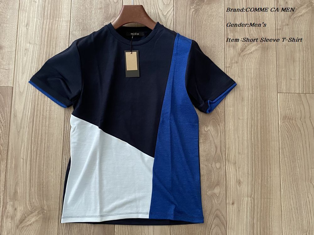 新品サンプル COMME CA MEN コムサメン 日本製 ラミー カラーブロッキングクルーネックTシャツ 09ネイビー Mサイズ 42TP07 定価12,100円の画像1