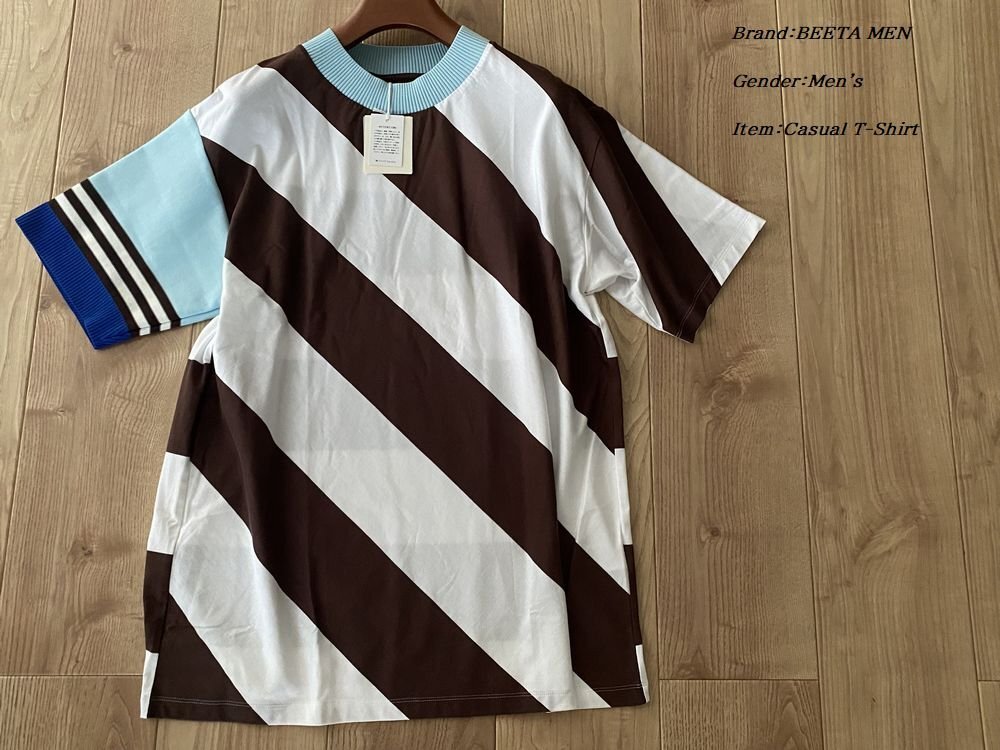 新品 COMME CA BEETA MEN ベータメン 日本製 ビッグボーダーTシャツ 17ブラウン Lサイズ 01TZ14 定価29,700円_画像1